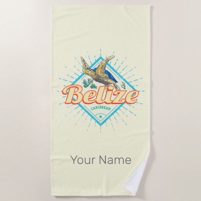 Belize Caribbean Retro Turtle Vintage Souvenir Beach Towel (Front)
