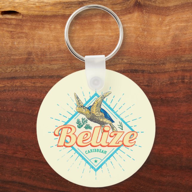 Belize Caribbean Retro Turtle Vintage Souvenir Keychain (Front)