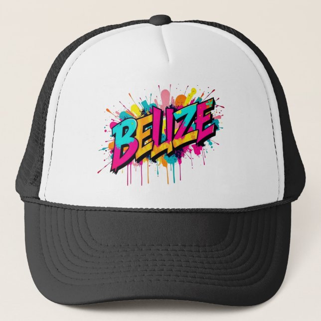 Belize colourful graffiti style clothing outfit ca trucker hat (Front)