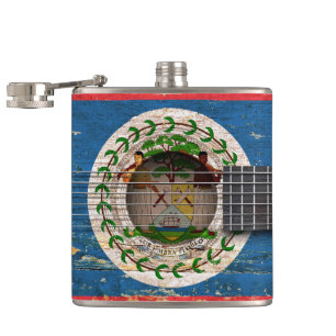 Belize Flag on Old Acoustic Guitar Hip Flask