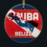 Belize Scuba Diver - Blue Retro Ceramic Ornament<br><div class="desc">Belize scuba diving design. A vintage style retro red scuba flag background with navy blue scuba diver.</div>