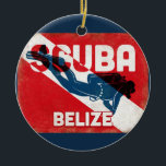 Belize Scuba Diver - Blue Retro Ceramic Ornament<br><div class="desc">Belize scuba diving design. A vintage style retro red scuba flag background with navy blue scuba diver.</div>