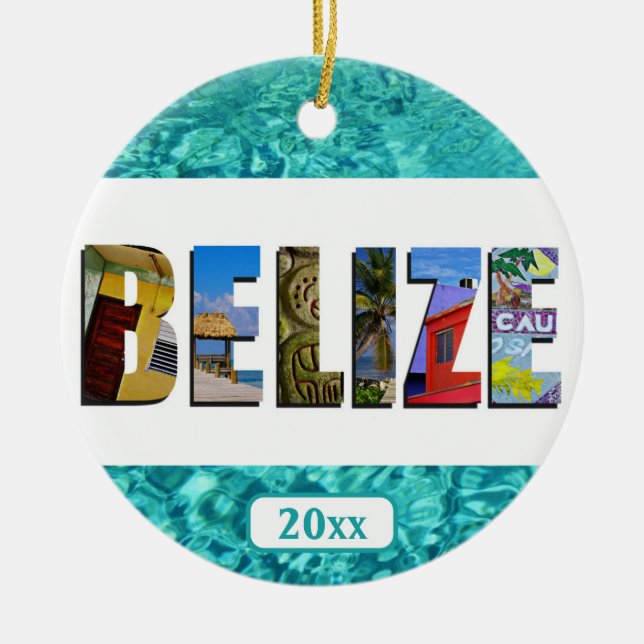 Belize Tropical Beach Blue Ocean Christmas Ceramic Ornament (Front)