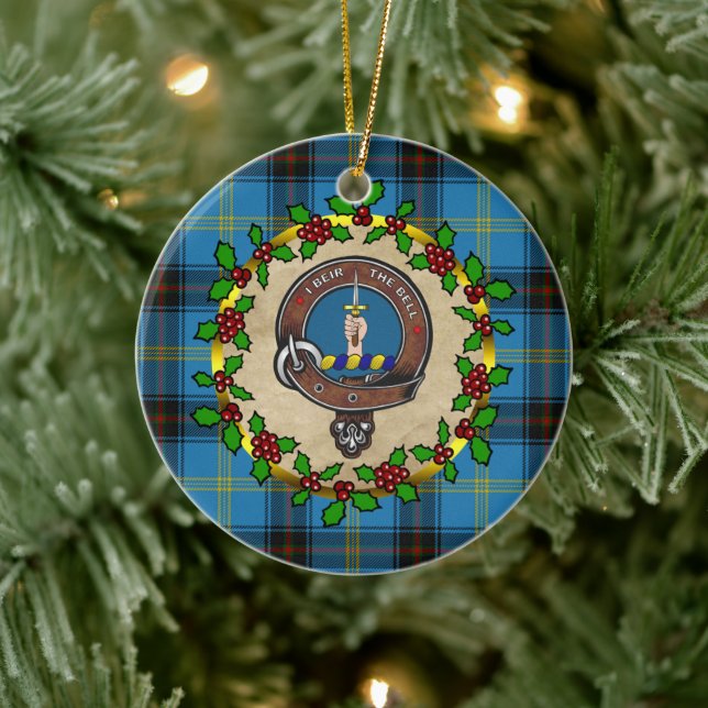 Bell Clan Badge & Tartan Personalized Xmas Ceramic Ornament (Tree)