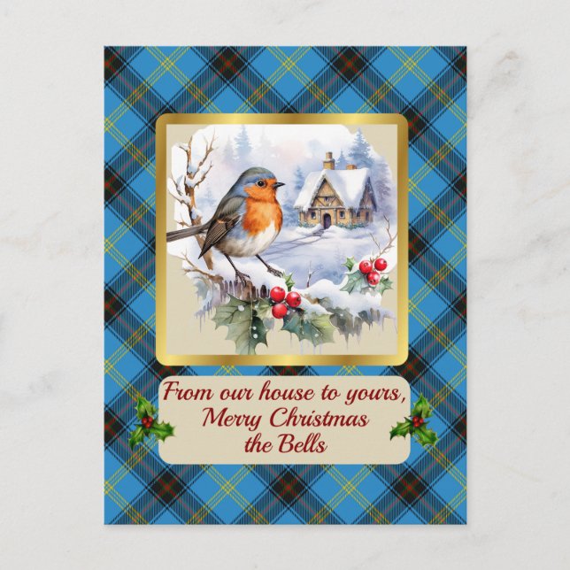 Bell Crest & Tartan w/Robin Personalized  Holiday Postcard (Front)