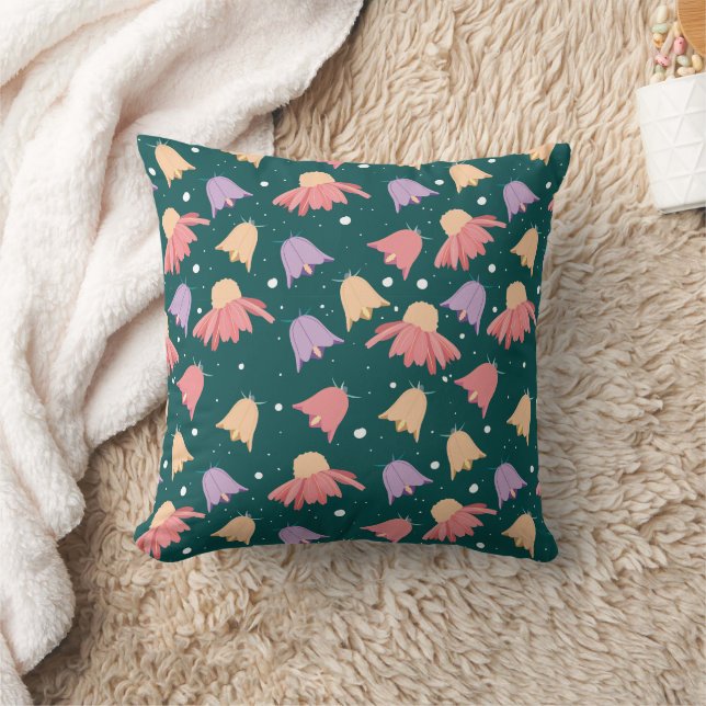 Bell Flowers Pattern on Dark Green Background Throw Pillow (Blanket)
