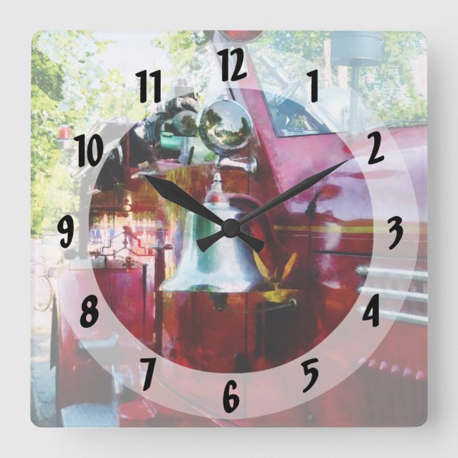 Bell on Fire Engine Square Wall Clock (Front)