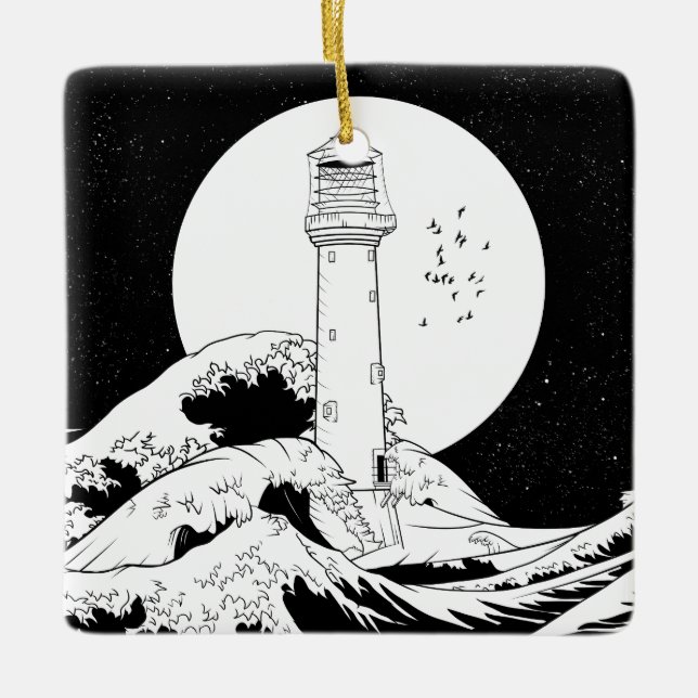 Bell Rock lighthouse black and white Ceramic Ornament (Front)