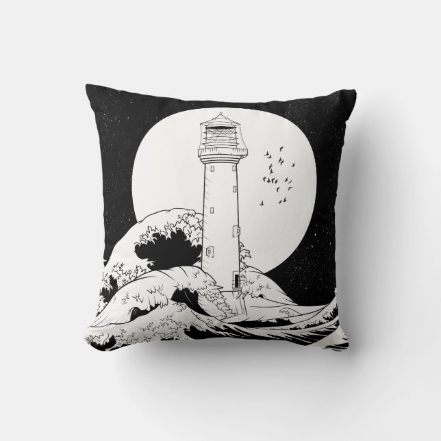 Bell Rock lighthouse black and white Throw Pillow (Front)