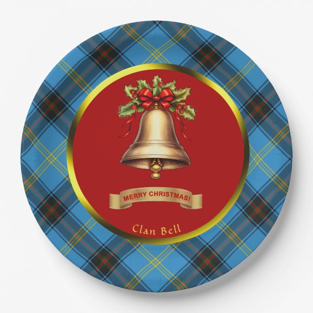Bell Tartan Personalized Christmas Paper Plate (Front)
