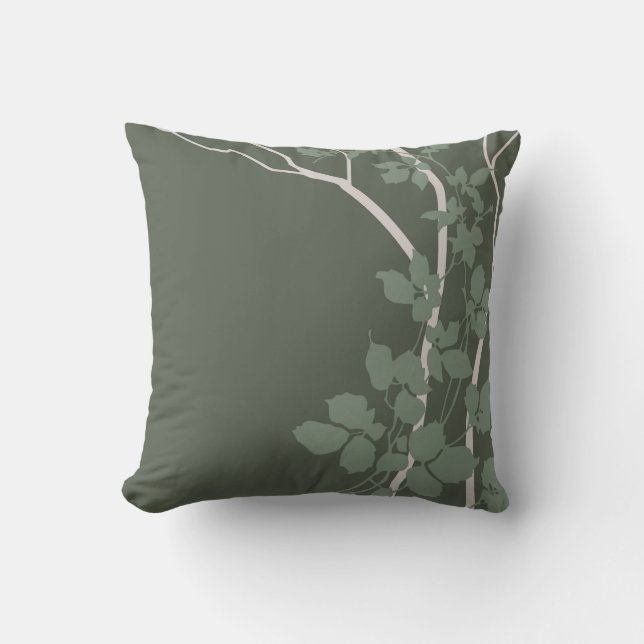 Bella Cherry Blossoms | grey dark sage jade mist Throw Pillow (Front)