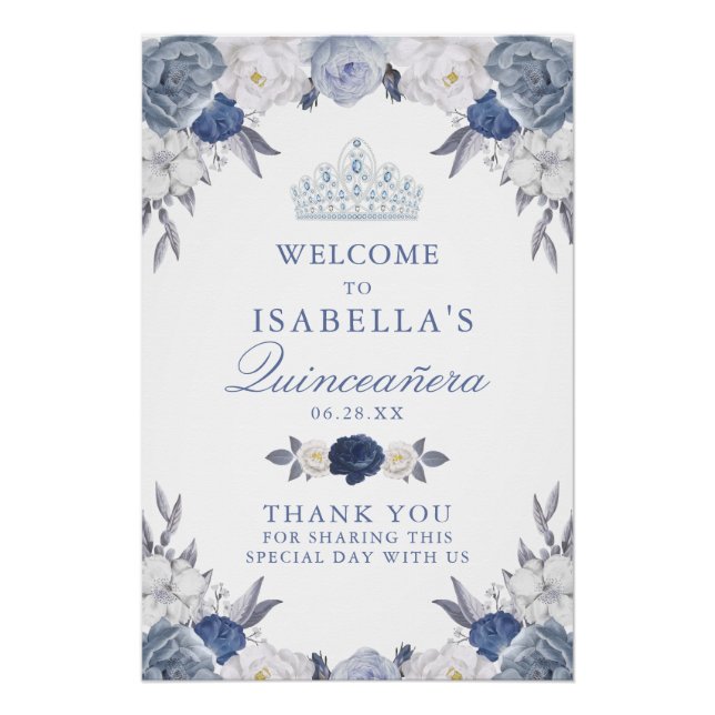 Belle Affiche de bienvenue Florale Bleue Quinceane (Devant)