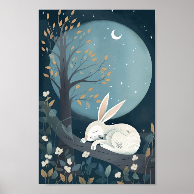 Belle affiche d'un lapin dormant sous la Lune (Devant)