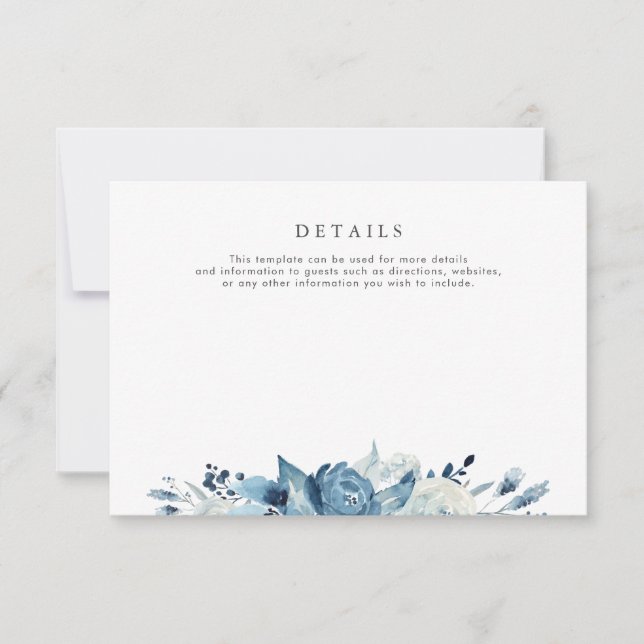 belle aquarelle bleu floral mariage détails carte (Devant)