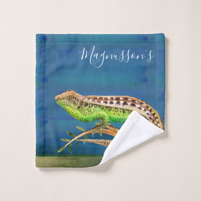 Belle aquarelle lézard bleu vert coutume (Gant de toilette)