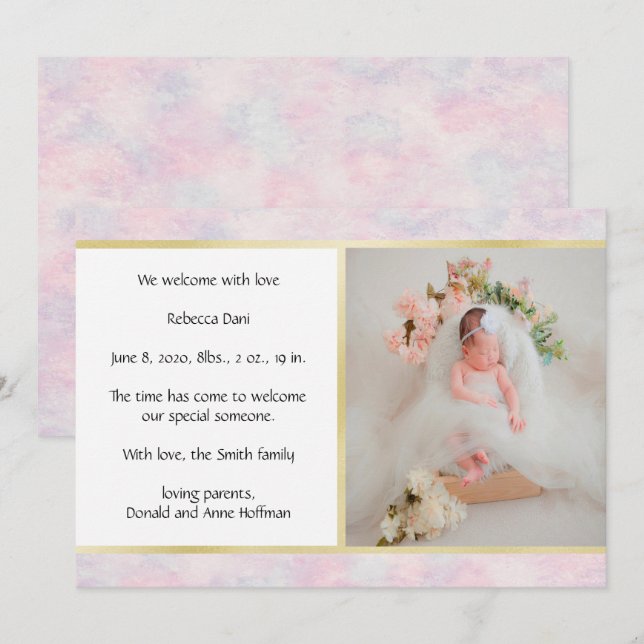 Belle aquarelle rose Faire-part de naissance (Devant / Derrière)