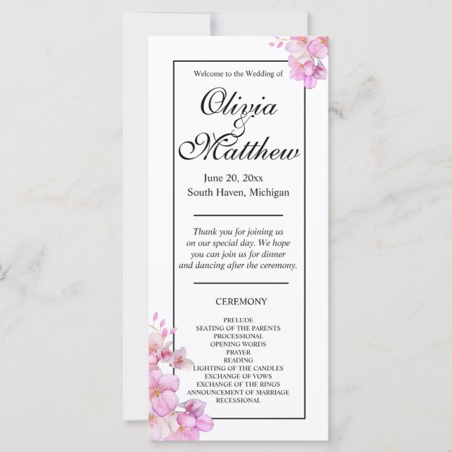 Belle aquarelle rose fleurit programme de mariage (Devant)