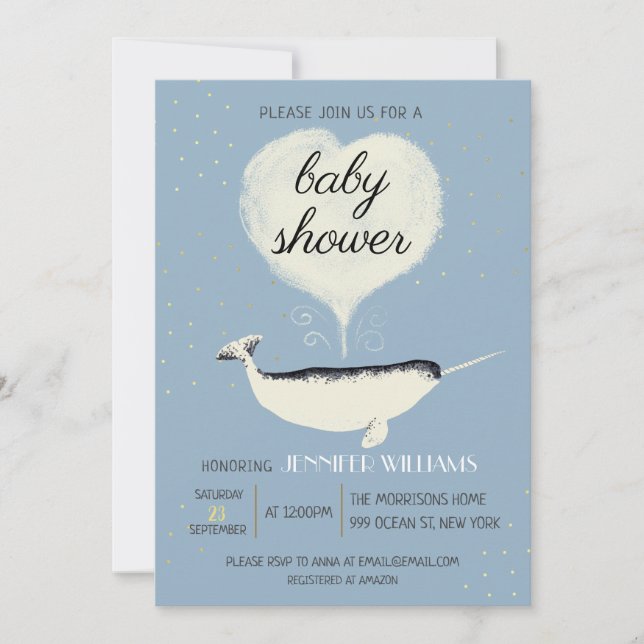 Belle Baleine Narwhal Baby shower Bleu Invitation (Devant)
