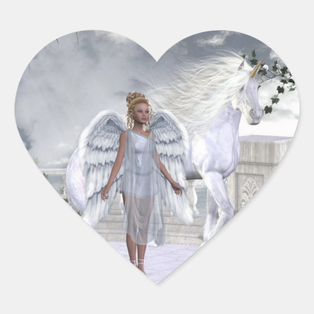 Belle blanche Unicorn Ange Coeur Sticker (Devant)