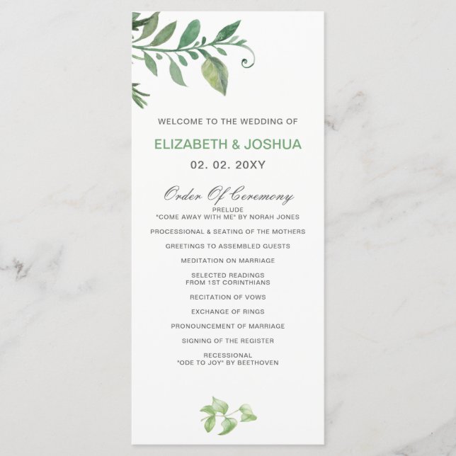 Belle botanique verdure Programmes de mariage (Devant)