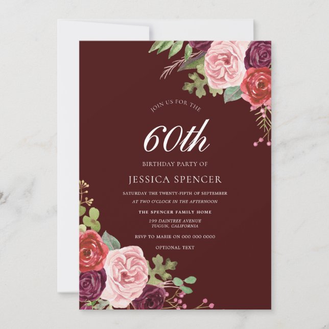 Belle Bourgogne Fleurs 60e anniversaire Invitation (Devant)