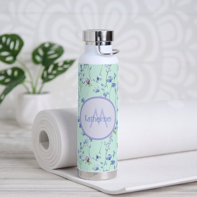 Belle Bouteille Bleue Vert Aqua Avec Fleurs Violet (Yoga)