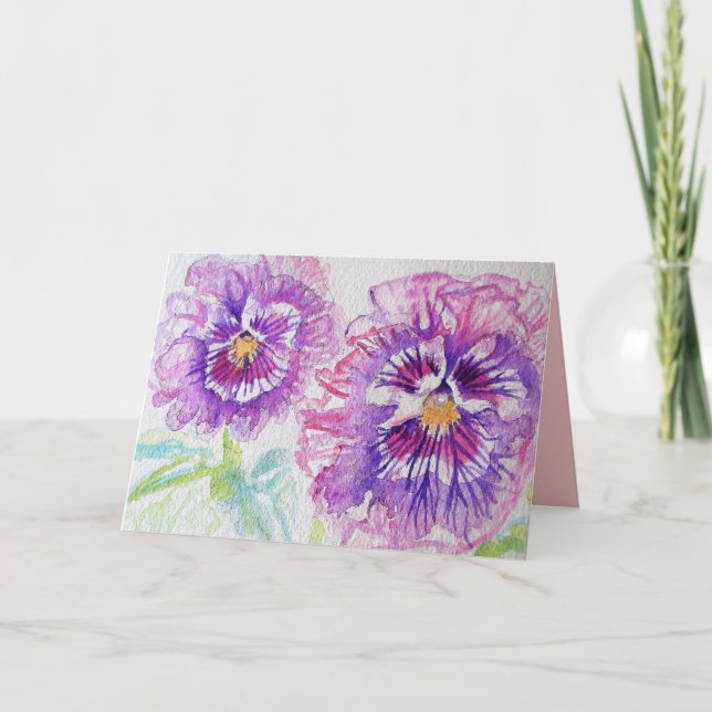 Belle carte aquarelle de fleurs de pensée violette (Devant)