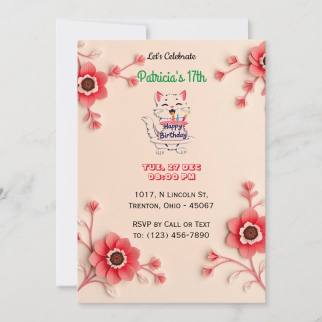 Belle carte d'anniversaire florale avec fleurs ros (Devant)