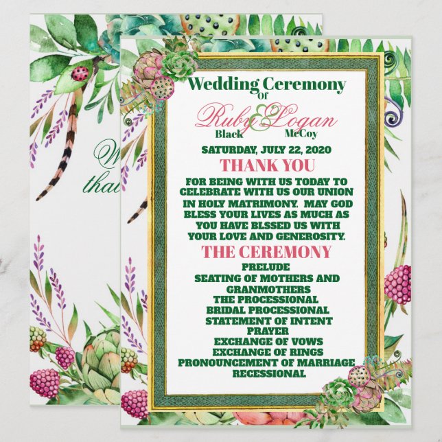 Belle carte de cérémonie Mariage Succulents (Devant / Derrière)