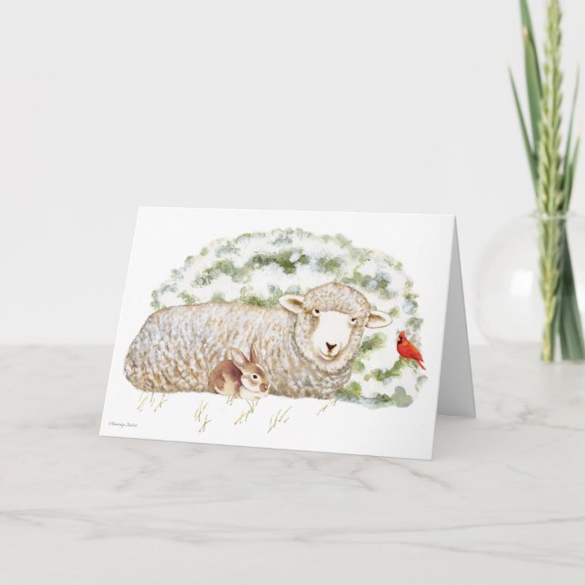 Belle carte de Noël mouton et lapin. (Devant)