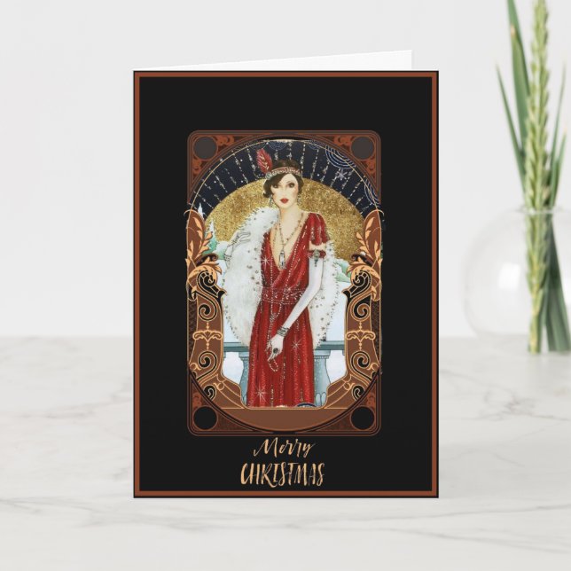 Belle carte de voeux Art Déco Lady Noël (Devant)