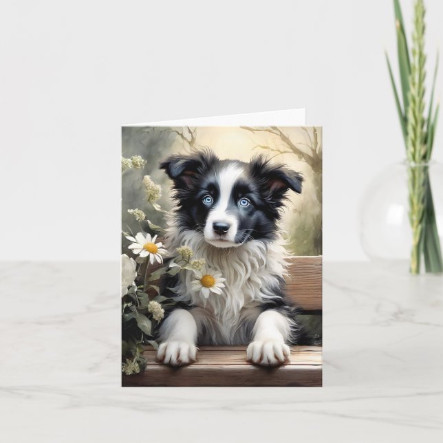 Belle carte de vœux de Border Collie aux fleurs (Devant)