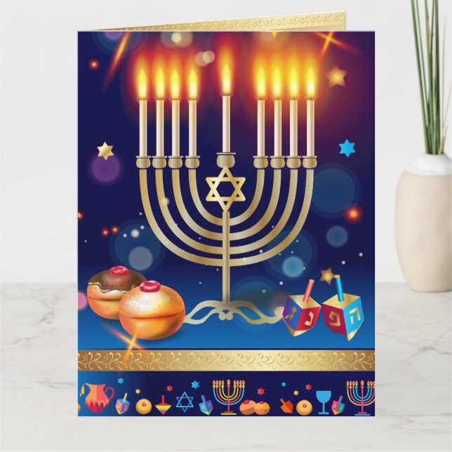 Belle carte de voeux de Menorah d'or de Hanoukka (Devant)