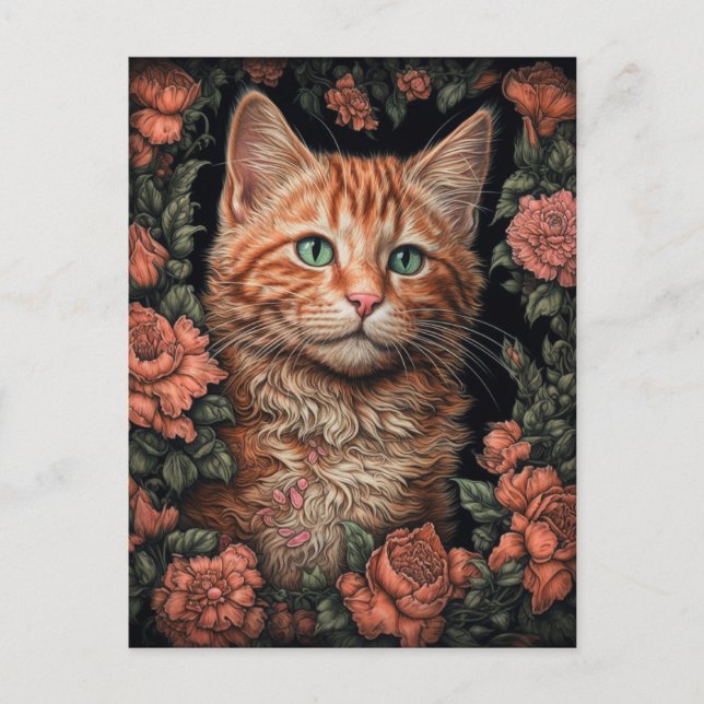 Belle carte postale Ginger Kitten et Fleurs (Devant)