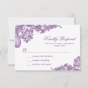 Belle carte RSVP de mariage en dentelle violette