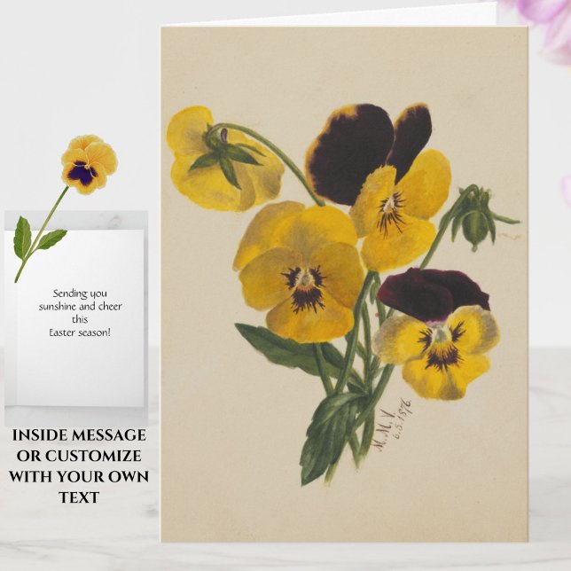 Belle carte Vintage Pâques Jaune Pansies (Vintage pansy flowers for Easter, or customize inside message for any occasion.)