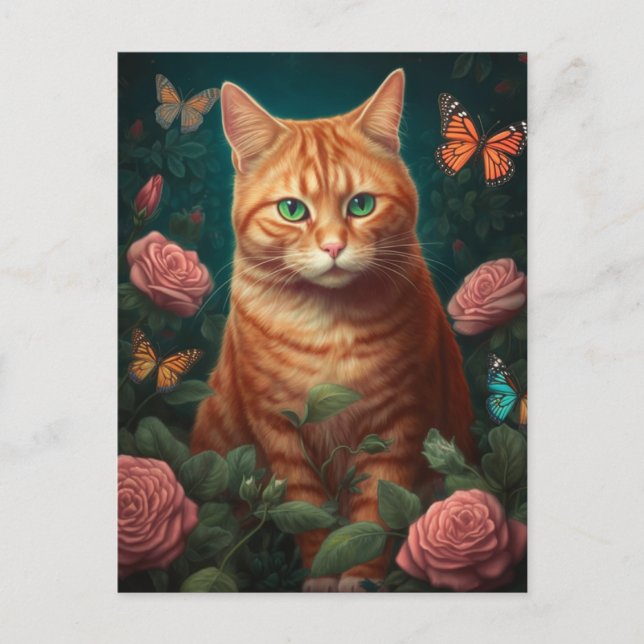 Belle Chat Gingembre Avec Roses Roses Rose Carte P (Devant)