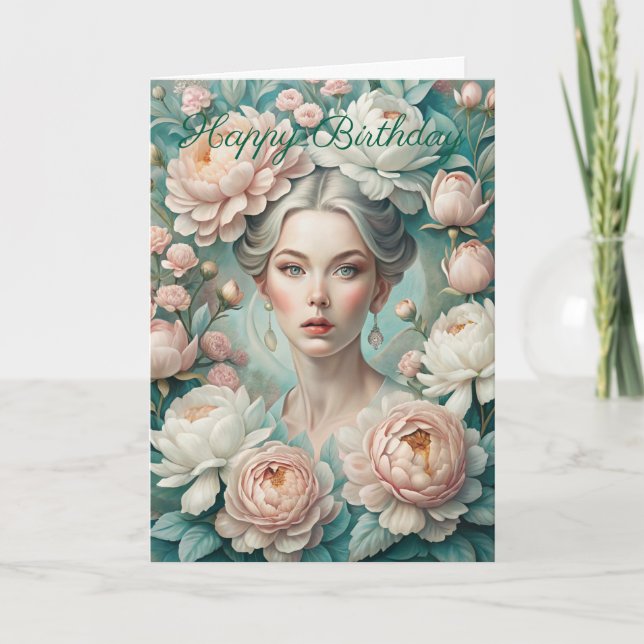 Belle Dame et Fleurs Carte d'Anniversaire (Devant)