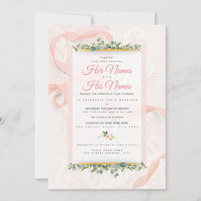 Belle dentelle rose et invitation de mariage au ru (Devant)