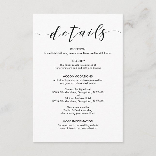 Belle Elégante Détails de Mariage Carte de boîtier (Devant)