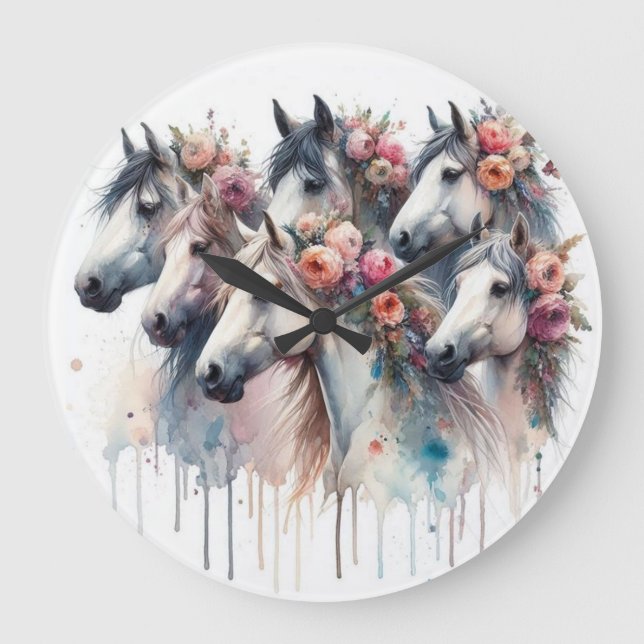 Belle et colorée Aquarelle Horloge des Chevaux (Recto)