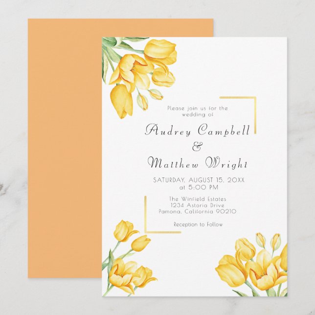 Belle Faire-part de mariage de tulipe jaune floris (Devant / Derrière)