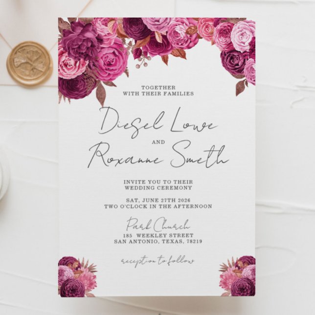 Belle Faire-part de mariage Florale Magenta Rose (Créateur téléchargé)