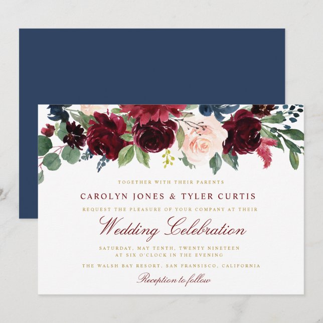 Belle faire-part de mariage florale marine bordeau (Devant / Derrière)