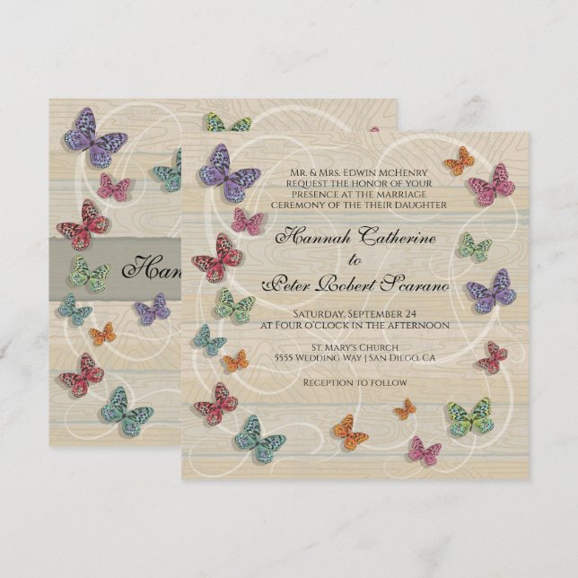 Belle Faire-part de mariage papillon rustique (Devant / Derrière)