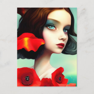 Belle Femme et Fleurs de Pavot Rouge Carte postale