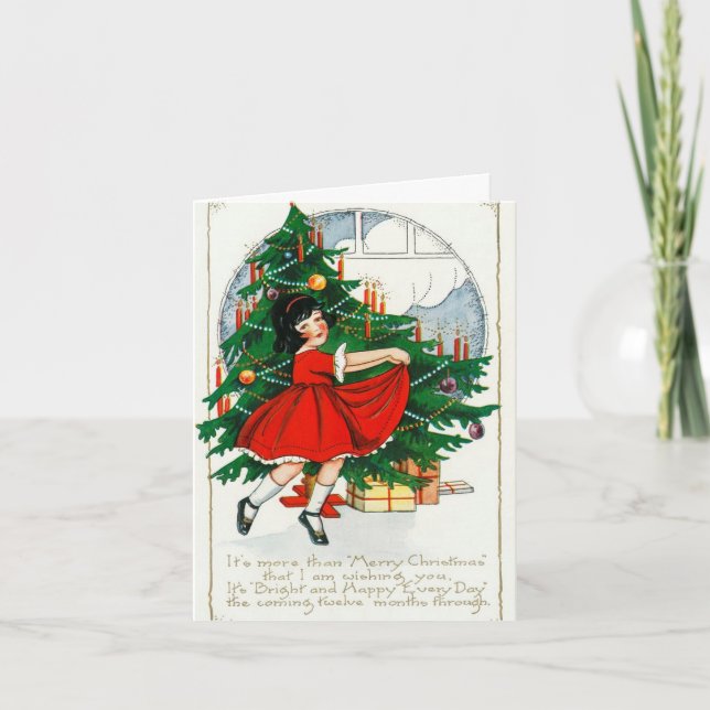 Belle Fille Danser Autour De La Carte De Noël Arbr (Devant)