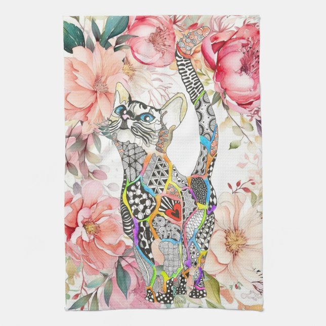 Belle Floral Pastel Chat Serviette de cuisine (Vertical)