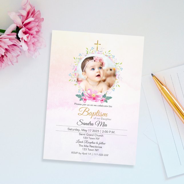 Belle florale rose avec invitation photo Baptême (Lovely Pink Floral with Photo Baptism Invitation)