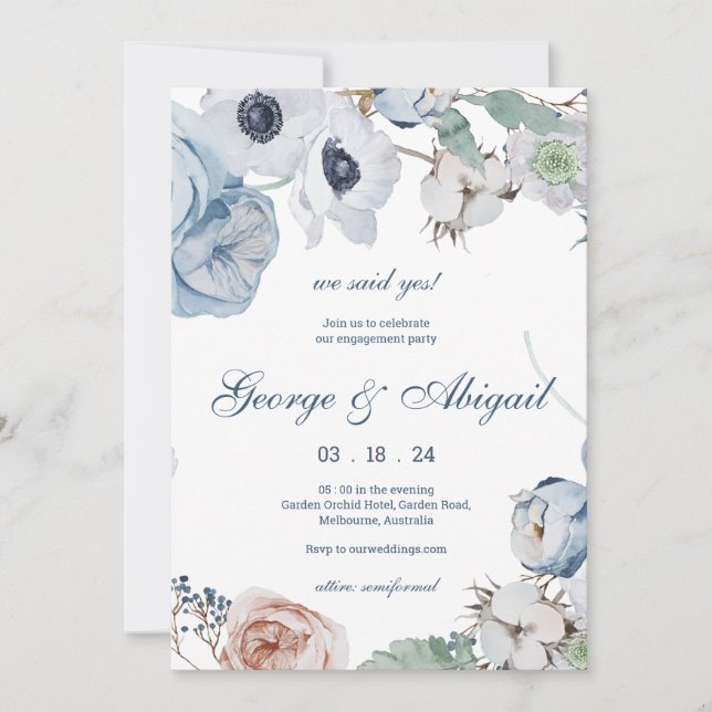 Belle Florales Bleues Invitation Fiançailles (Devant)